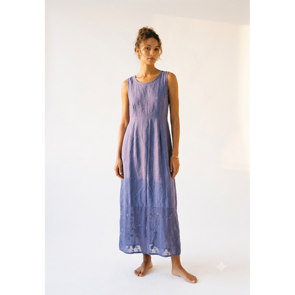Country Wear Casuals Dresses & Skirts - Vintage Country Wear Casuals Purple Linen Blend Embroidered Hem Sun Dress M